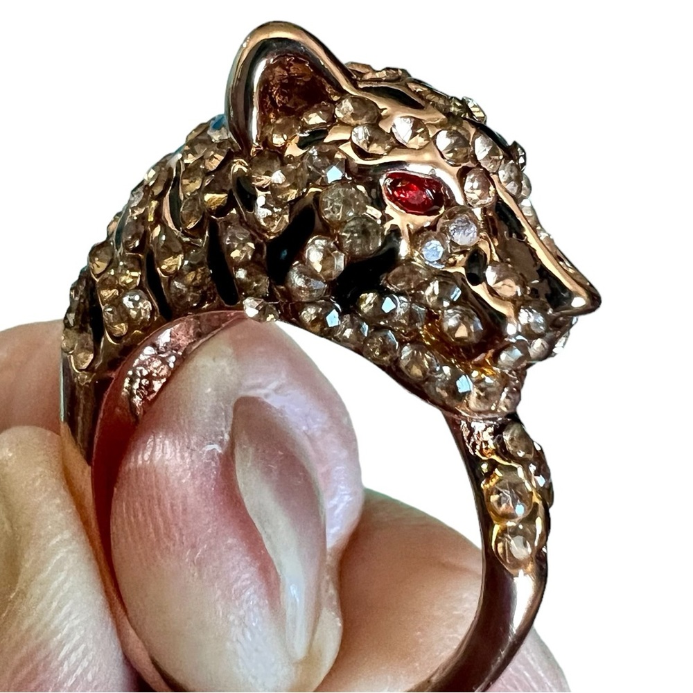 Panther Ring Rhinestone Head Red Eyes Gold Tone Setting Size 7